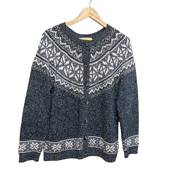 Vintage Maggie Blue White Norwegian Pattern Button Front Cardigan Size M - Picture 1 of 6